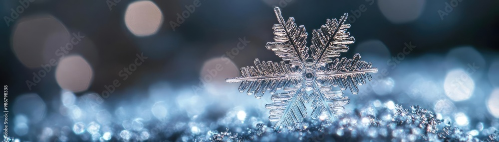 Poster delicate snowflake resting on shimmering surface, capturing the essence of winter's beauty and tranq