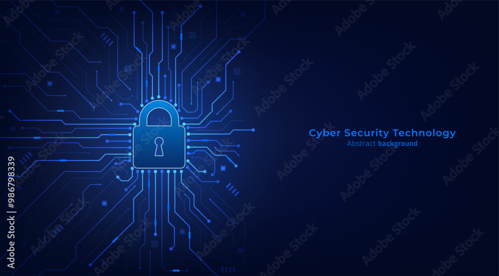 Poster Padlock on circuit board. Secure system and network protection technology concept. Cyber security technology futuristic background. Vector illustration design for banner and template.