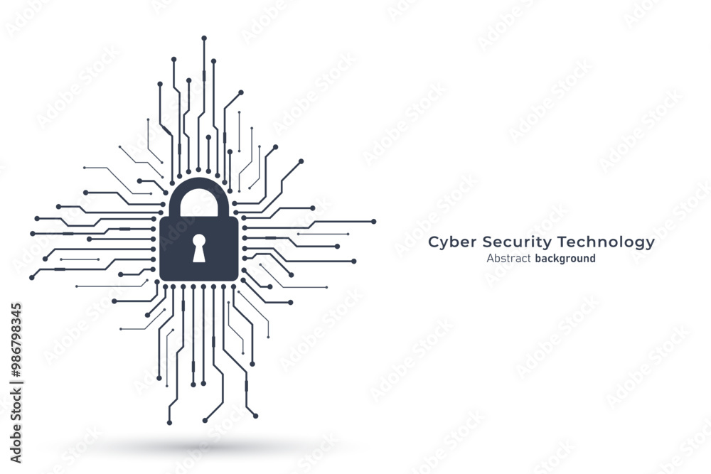 Poster Padlock on circuit board. Black-white color tone. Secure system and network protection technology concept. Cyber security technology background. Vector illustration design for banner and template.