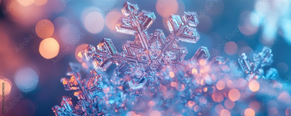 Poster a close-up view of a delicate snowflake glistening with vibrant bokeh lights, showcasing the beauty 