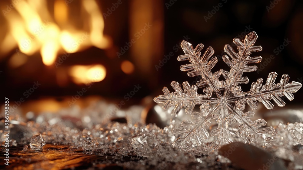 Poster sparkling snowflake resting on shimmering ice, with a warm fireplace glow in the background, evoking