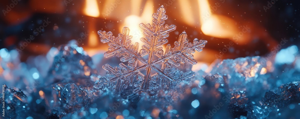Aufkleber a beautiful snowflake resting on ice, captured against a warm fireplace glow, blending cold and warm