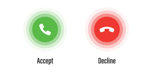 Phone call accept and decline. Icon neon glowing for design element of telephone button, and smartphone dial symbol. Neumorphism style, UI UX design for app and web. Vector illustration.