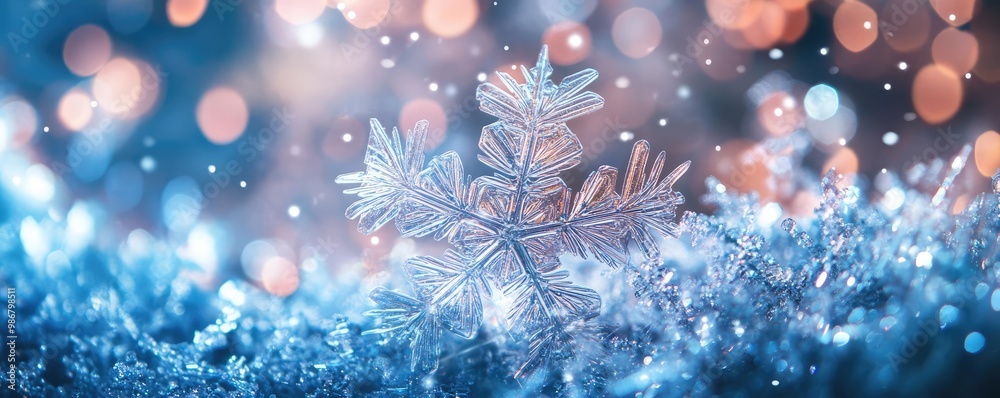 Poster A stunning snowflake resting on a sparkling surface, capturing the essence of winter magic with beautiful bokeh lights in the background.