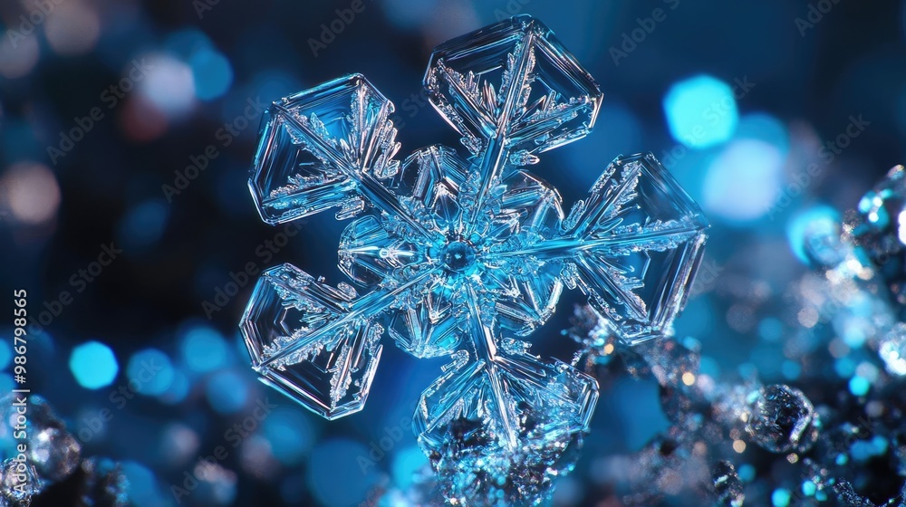 Poster a close-up view of a beautiful snowflake showcasing intricate crystalline structures against a shimm