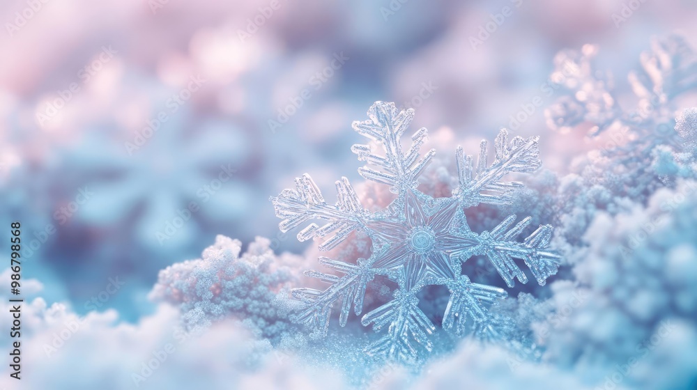 Poster Close-up of delicate snowflakes resting on soft, frosty surface, showcasing intricate patterns and winter's serene beauty.