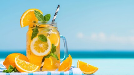 A refreshing jar of orange lemonade garnished with mint, surrounded by fresh orange slices against a vibrant blue background.