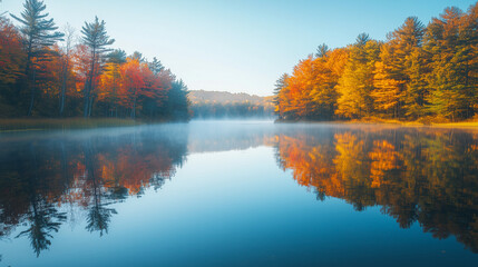 Fototapeta premium A calm lake reflecting autumn colors clear, still water mirroring the vibrant autumn foliage surrounding it, with a soft early morning. Feels peaceful and balanced, symbolizing the autumn equinox