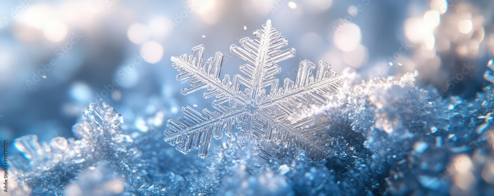 Poster A beautiful close-up of a snowflake resting on sparkling ice, showcasing intricate details and a winter wonderland ambiance.