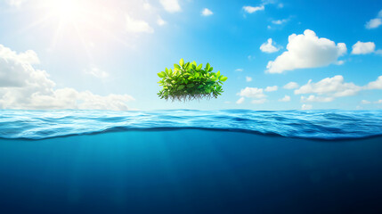 Fototapeta premium Green island flourishing in the blue ocean under a bright sun, surrounded by clear skies and fluffy clouds, representing nature's beauty.
