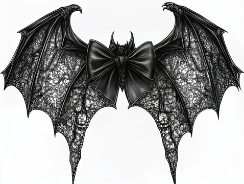 Gothic Bat Wings with Elegant Bow, Intricate illustration of gothic bat wings adorned with a detailed lace pattern and a sleek bow, blending spooky and elegant aesthetics.

