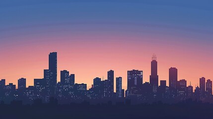 Silhouette of a modern city skyline against a colorful twilight sky. The buildings stand tall and proud, creating a striking contrast with the soft hues of the setting sun.