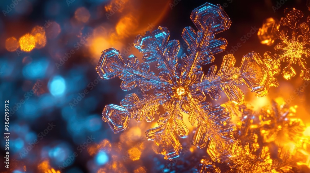 Poster Close-up of a shimmering snowflake surrounded by vibrant bokeh lights, capturing the beauty of winter in a colorful display.
