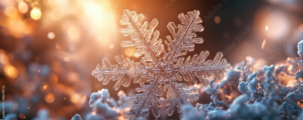 Poster a detailed and beautiful snowflake resting on a soft surface, illuminated by warm light, perfect for
