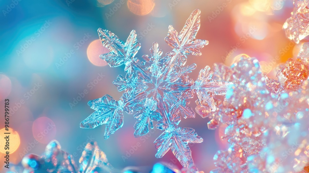 Poster a beautiful close-up of a snowflake showcasing intricate patterns, sparkling against a soft, colorfu