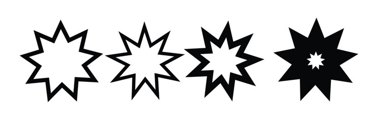 Bahai star. Black linear Baha'i symbols set. nine pointed star bahai symbol set. Religious symbol of Bahaism. Vector illustration.