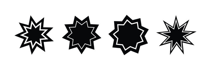 Bahai star. Black linear Baha'i symbols set. nine pointed star bahai symbol set. Religious symbol of Bahaism. Vector illustration.