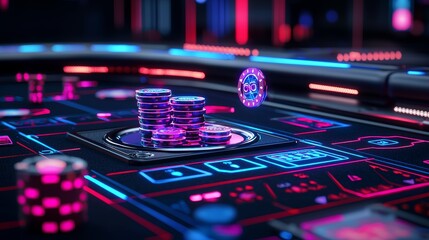 A vibrant, futuristic casino scene featuring colorful gaming chips and a digital layout, evoking excitement and high-stakes play.