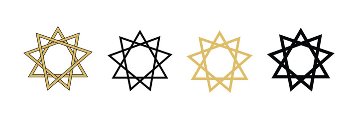 Bahai star. Black linear Baha'i symbols set. nine pointed star bahai symbol set. Religious symbol of Bahaism. Vector illustration.