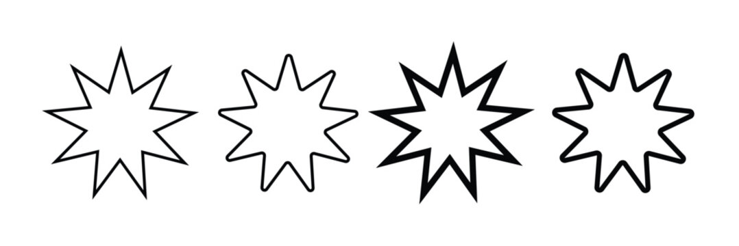 Bahai star. Black linear Baha'i symbols set. nine pointed star bahai symbol set. Religious symbol of Bahaism. Vector illustration.