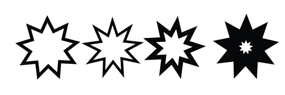 Bahai star. Black linear Baha'i symbols set. nine pointed star bahai symbol set. Religious symbol of Bahaism. Vector illustration.