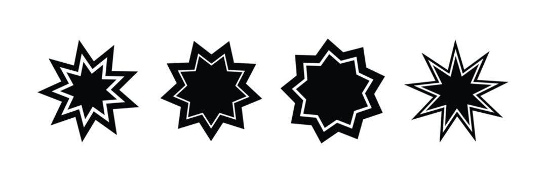 Bahai star. Black linear Baha'i symbols set. nine pointed star bahai symbol set. Religious symbol of Bahaism. Vector illustration.