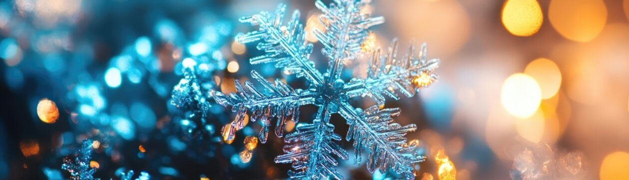 Beautiful close-up of a sparkling snowflake with shimmering lights creating a magical winter atmosphere.