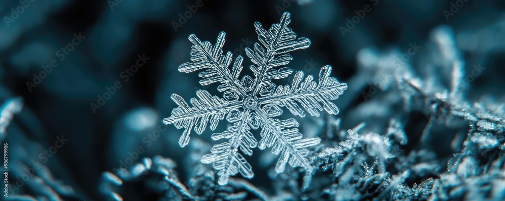 Poster A detailed close-up of a delicate snowflake resting on icy surface, showcasing intricate patterns and unique structure.