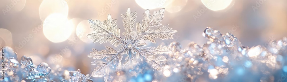Aufkleber a close-up of a delicate snowflake resting on shimmering ice, capturing the beauty of winter in soft