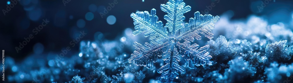Poster close-up of a delicate snowflake resting on a bed of frosty snow, showcasing intricate crystalline s