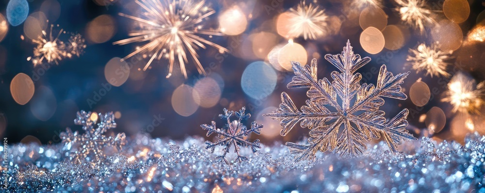 Poster a beautiful winter scene featuring sparkling snowflakes and bokeh lights, creating a magical holiday