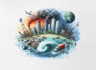Watercolour illustration of The symbolism or concept of Disaster Management and the 13th October International Day for Disaster Reduction. 