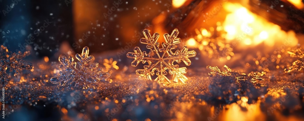 Poster a beautiful snowflake resting on a sparkling surface, with a warm fireplace glow creating a magical 