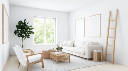 A bright, minimalist living room featuring natural elements, a large window, and stylish rattan furniture for a cozy, inviting atmosphere.