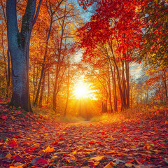 A serene autumn landscape at sunrise golden sunlight filtering through colorful autumn trees with vibrant red, orange, and yellow leaves. A forest path covered in fallen leaves leads into the horizon