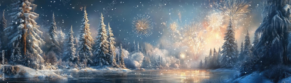 Poster a serene winter landscape with snow-covered trees and a shimmering lake, illuminated by colorful fir
