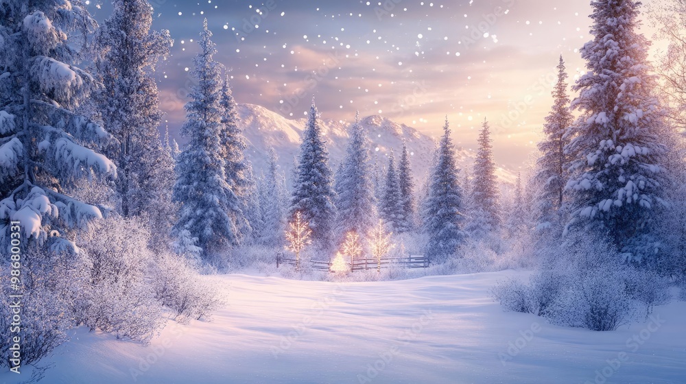 Aufkleber A serene winter landscape with snow-covered trees and a soft glow in the background, creating a peaceful and magical atmosphere.