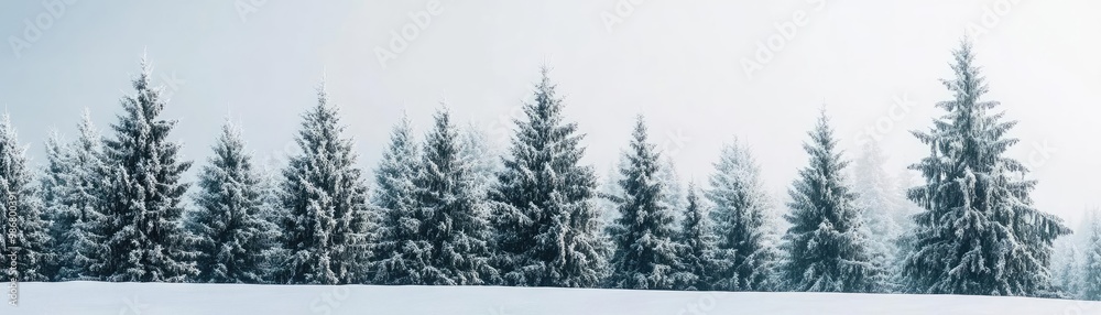 Poster a serene winter landscape featuring tall evergreen trees blanketed in fresh snow, creating a tranqui