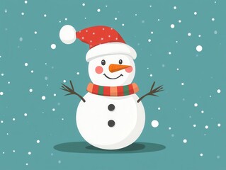 Cheerful snowman wearing a red hat and scarf, surrounded by falling snowflakes, perfect for holiday and winter themed designs.