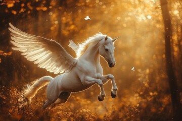 A majestic white pegasus with wings spread wide, leaping through a sunlit forest.