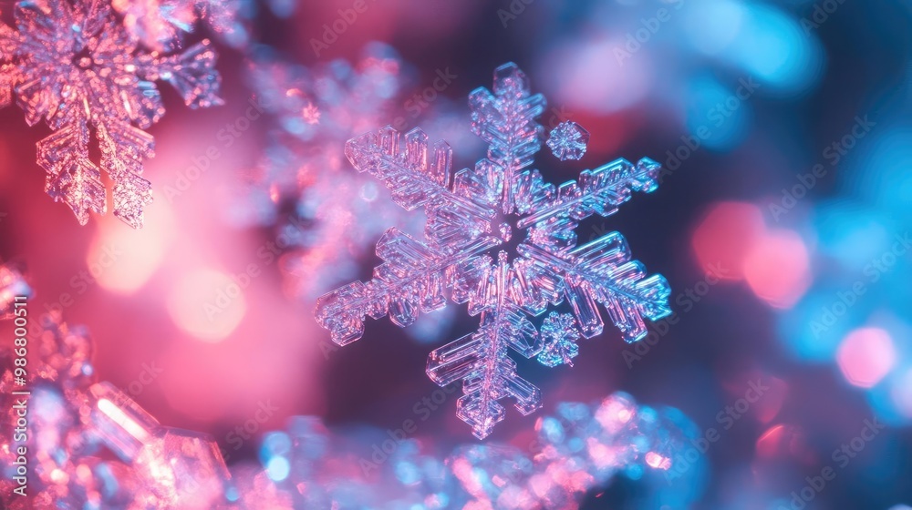 Poster a stunning close-up of a snowflake showcasing intricate patterns and vibrant colors against a blurre