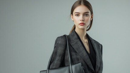 Stylish woman in a business suit, accessorized with a leather handbag, minimalist jewelry, and sleek straight hair, exuding confidence