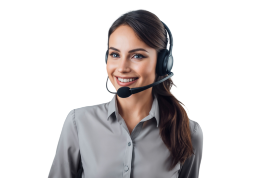 Portrait of a smiling female call center operator worker with a headset, isolated on transparent background