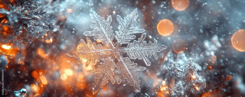 Poster close-up of a delicate snowflake surrounded by sparkling lights, showcasing winter's beauty and intr