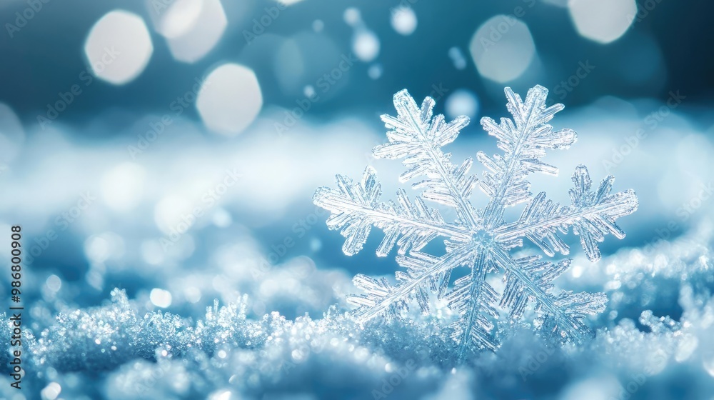 Poster a delicate snowflake rests on a blanket of soft snow, shimmering in the cool winter light, evoking t