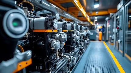 Fototapeta premium Generator Room: A room filled with gas engines and generators converting purified biogas into electricity, with visible cables and control panels.