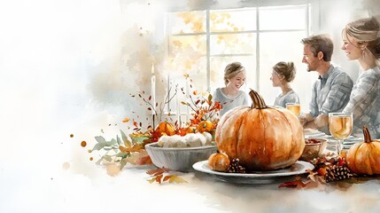 Friendsgiving gathering, casual atmosphere, friends laughing, Watercolor style