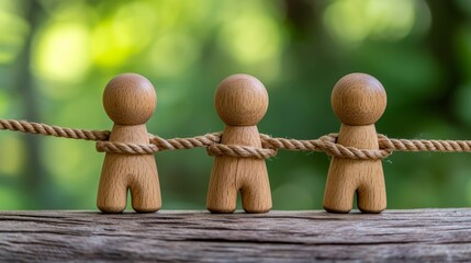 Obraz premium Three wooden figurines connected by a rope, symbolizing unity and teamwork against a blurred green background.