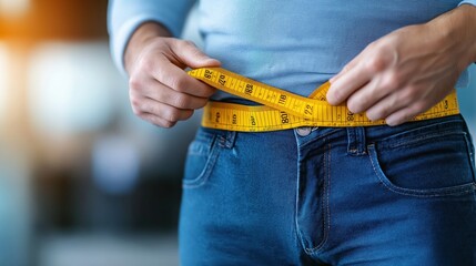 Close up of a man s midsection as he holds a yellow tape measure around his waist focusing on weight loss and improved fitness through healthy lifestyle choices and exercise