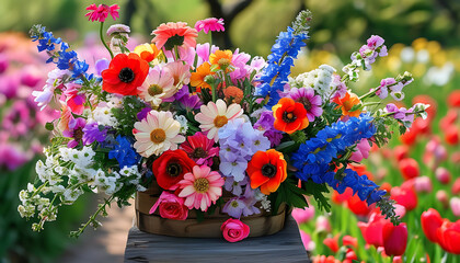 Spring bouquets in an outdoor setting, a blend of romance and natural beauty.